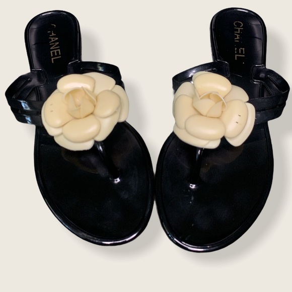 CHANEL Shoes - Chanel Camelia Black Jelly Flip Flop Sandals